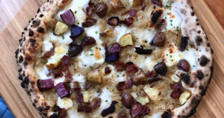 Tri-Color Potato, Bacon, Date & Caramelized Onion Pizza