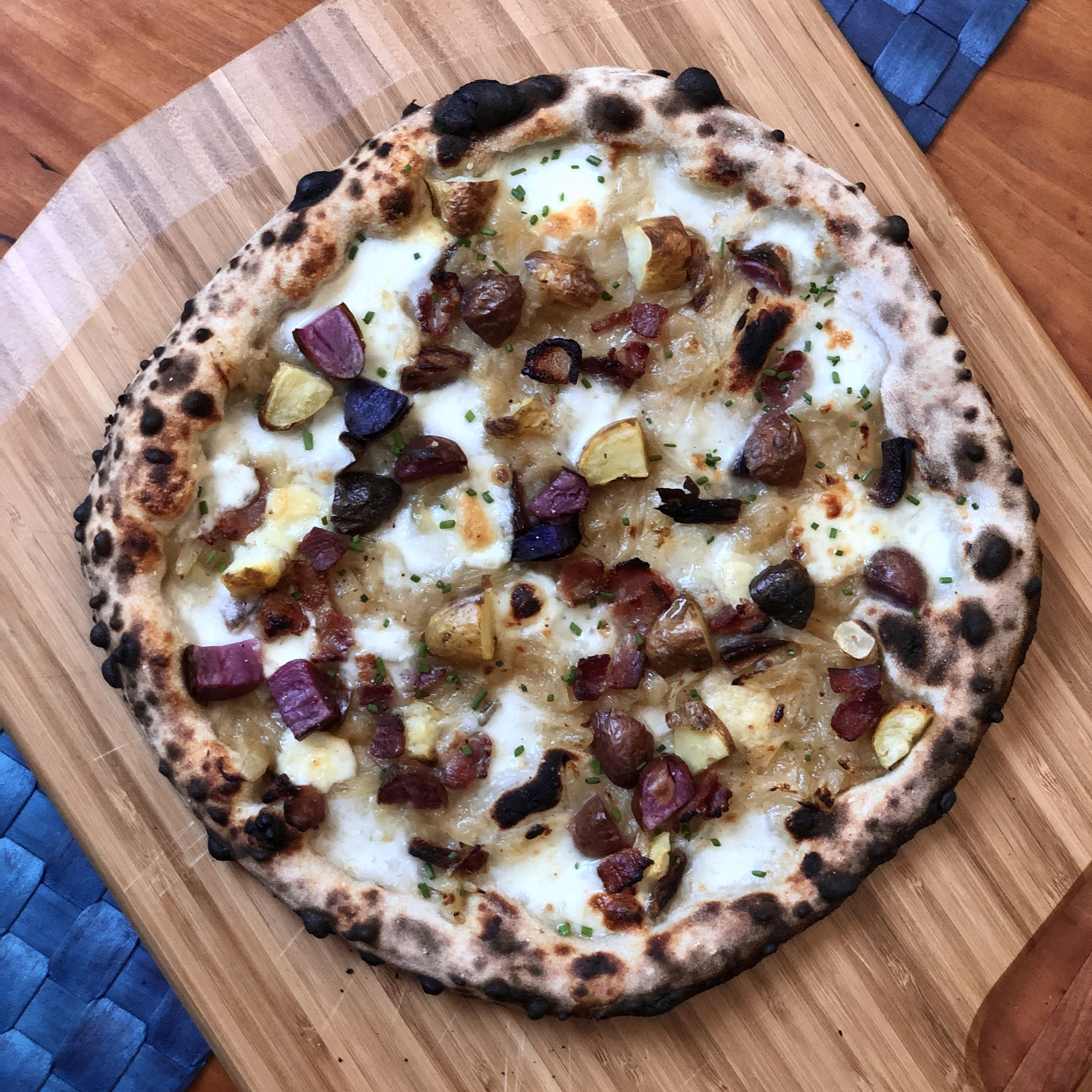 Tri-Color Potato, Bacon, Date & Caramelized Onion Pizza